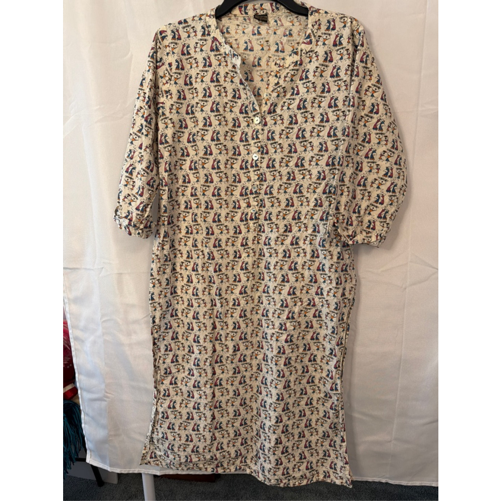 Indian Cotton Kurta Tribal Folk Art Dance Print Boho Tunic Size L